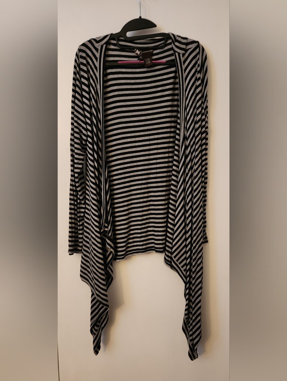 Adrienne Vittadini Black and Gray Striped Draped Cardigan